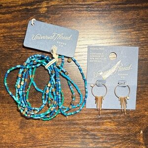 Universal Thread Teal and Blue Beaded Bracelet Set with Gold Earrings